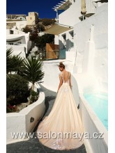 VÝPRODEJ 12900 KČ - Pudrové svatební šaty, pošité krémovými a růžovými květy, tylová sukně, vzadu hluboký výkroj do V, dlouhá vlečka. 