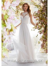 VÝPRODEJ 9900 KČ - Splývavé svatební šaty, krajkový top zapínání za krkem, křížení na zádech. 