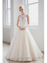 VÝPRODEJ 9900 KČ - Svatební šaty v barvě slonová kost (ivory) s bohatou tylovou, krajkový top, rafinovaně řešená záda. 