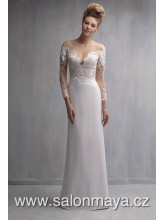 VÝPRODEJ 4900 Kč - SUKNĚ - Dvojdílné (crop top) šaty v barvě ivory, krajkový top má 3/4 rukáv, velký výkroj na zádech krytý tělovým tylem, hladká sukně áčkové střihu. 