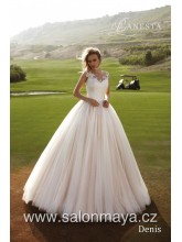  VÝPRODEJ 4900 KČ - Pudrové svatební šaty s bohatou tylovou sukní, krajkový top na ramínka. 
