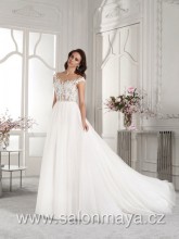 VÝPRODEJ 9900 KČ - Svatební šaty v barvě ivory, krajkový top s padlými ramínky, hluboký výkroj na zádech, kamínkový páseček, splývavá šifónová sukně. 