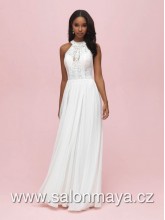 VÝPRODEJ 11900 KČ - Splývavé svatební šaty se zapínáním za krkem, krajkový top, křížení na zádech, lehká, šifónová sukně. 