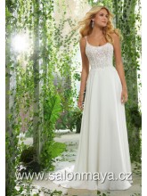 VÝPRODEJ 13900 KČ - Splývavé svatební šaty na ramínka, krajkový top, vzadu dvojitá ramínka.  
