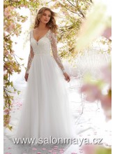 VÝPRODEJ 4900 KČ - Smetanové svatební šaty s průhlednými, dlouhými rukávy. Výkroj nazádech, splývavá, tylová sukně. 