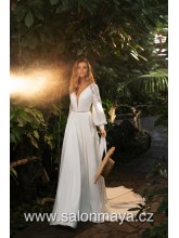 VÝPRODEJ 14900 KČ - Svatební šaty v barvě ivory, šifónová sukně, dlouhý, balonový rukáv zdobený krajkou, výstřih do V.