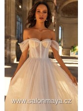 VÝPRODEJ 15900 KČ.  - Třpytivé korzetové šaty s přiznaným korzetem, korzet je pošit perličkami. Padlá ramínka. 