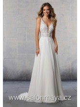 Jednoduché šaty na ramínka, krajkový top, lehká šifónová sukně. 