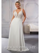 VÝPRODEJ 15900 KČ - Lehké šifónové šaty na ramínka, krajkový top, zdobná krajková vlečka. 