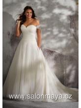Třpytivé, hladké, korzetové svatební šaty s křížení na korzetu, připínací padlá ramínka. 