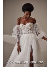 VÝPRODEJ 18900 KČ  - Korzetové svatební šaty, korzet je pošit květy, rozparek, šněrování. Přídavné dlouhé rukávy. 