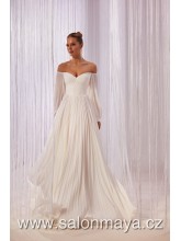 VÝPRODEJ 11900 KČ - Plisované šaty s padlými balónovými rukávy, šněrování. 