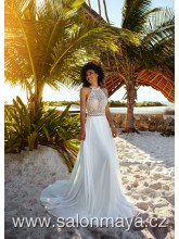 Svatební boho šaty se zapínáním za krkem, krajkový top, zajímavě řešená záda, lehká šifónová sukně. 