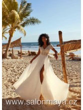 Svatební boho šaty s rukávky, krajkový top s výstřihem do V, hladká šifónová sukně. 