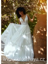 Svatební boho šaty na ramínka, krajkový top tylová sukně s dvěmi vodorovnými krajkovými pruhy . 