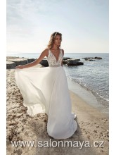 Šaty na ramínka s výstřihem do V, krajkový top, lehká šifónová sukně. 