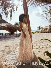 Boho svatební šaty na ramínka krajkový top s tělovou podšívkou, hladká šifónová sukně. 