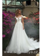 VÝPRODEJ 13900 KČ - Svatební šaty s krátkým rukávkem, šaty jsou zdobeny drobnými kvítky, áčková sukně. Nové prosinec 2020