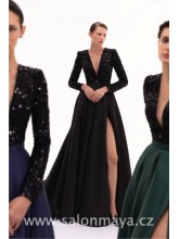 Černé šaty s dlouhým rukávem, flitrový top,hluboký výstřih do V, saténová sukně, rozparek.