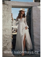 Lehké, šifónové boho šaty s dlouhým rukávam, krajkový top, výstřih do V, vzadu na zavazování. 