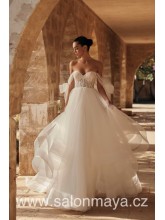 Korzetové šaty s padlými tylovými ramínky na zavazování, volánková lehká sukně, transparentní top je zdoben výšivkou, šněrování. 