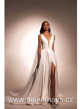 Elegantní šaty na ramínka, hluboký výstřih do V, rozparek, kapsy. 