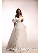 Elegantní šaty s bohatou sukní, řaseními padlými ramínky. 