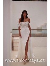 VÝPRODEJ 13900 KČ - Půvabné šifónové svatební šaty s rovnou sukní a bočním rozparkem, překládaný korzet, padlá ramínka, šněrování. 