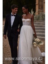 Celotřpytivé svatební šaty s transparentním korezetem, špagetová ramínka, bohatá tylová sukně, šněrování.