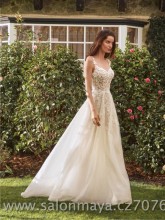 Svatební šaty na ramínka, krajkový top, třpytivá tylová sukně. 