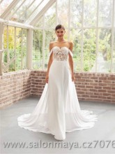 Splývavé, lehké, korzetové svatební šaty s padlými ramínky, krajkový top, lehká šifónová sukně. 