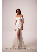 Elegantní svatební šaty střihu mořská panna, padlá ramínka, rozparek, šněrování a midi vlečka.