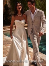 Elegantní, korzetové, saténové, svatební šaty. Srdíčkový výstřih, rafinované řasení na na topu, rozparek. 