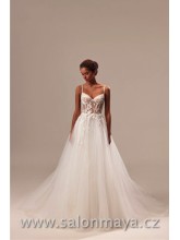 Svatební šaty v barvě ivory na ramínka, transparentní korzet pošit 3D květy, tělová podprsenka, bohatá tylová sukně, šněrování. 