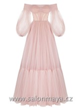Světle růžové (pudrové), tylové korzetové šaty s přídavnými tylovými rukávy. (S)