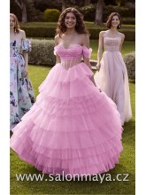 Růžové korzetové šaty s bohatou tylovou sukní s volánky, transparentní korzet, padlá ramínka, kamínkové zdobení na prsou. (US6)