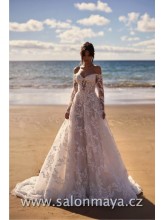 Korzetové krajkové svatební šaty s dlouhým rukávem, odhalená ramena, bohatá sukně.  Šněrování. 