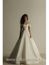 Korzetové šaty z materiálu mikádo se sklady na topu a padlých ramínkách. Hladká sukně s delší vlečkou, šněrování. 