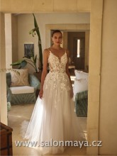 Svatební šaty na ramínka, transparentní top je pošit květinovými aplikacemi, lehká tylová sukně. Šněrování. 