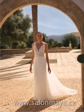 Splývavé šifónové švatební šaty se širšími ramínky, krajkový top s tělovou podšívkou. Zip. 