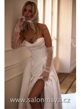NEJSOU V SALÓNU - Elegantní saténové korzetové svatební šaty. Tvarující korzet má srdíčkový výstřih, na prsou voda, šněrování. 