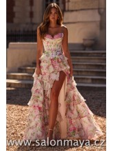 Korzetové, bílé šaty s květy. Volánky, rozparek. (US2)