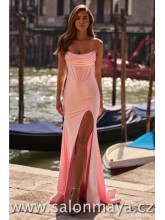 Upnuté, světle růžové, korzetové šaty, poseté kamínky, zajímavě řešený korzet s řasením na prsou rozparek, šněrování. (US4)