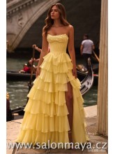 Světle žluté korzetové šaty s krajkovým zdobením na prsou, volánková sukně, rozparek, (US4)