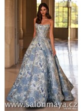 Bilo modré korzetové šaty z brokátu. Květinový motiv, perličkové zdobení v dekoltu, korzet do V, kapsy. (US6)