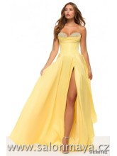 Světle žluté korzetové šaty áčkového střihu, na prsou jsou šaty pošity kamínky, rozparek. (US0). 