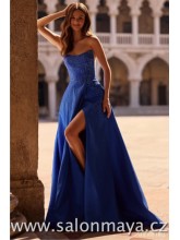 Královsky modré korzetové šaty s výkrojem na bocích, šaty jsou posety kamínky, rozparek. (US2)