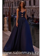 Tmavě modré, korzetové šaty, s průstřihy na topu, bohatá sukně, šněrování. (US12)