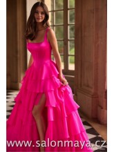 Výrazně růžové šaty na ramínka s volánky, šněrování. (US2)