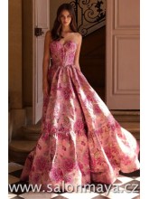 Růžové, květinové, brokátové, korzetové šaty. Korzet do V, bohatá přestřižená sukně. (US4)